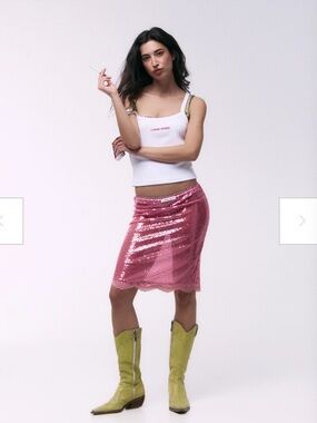 Handover Camilo Pink Sequin Midi Skirt with Lace Hem